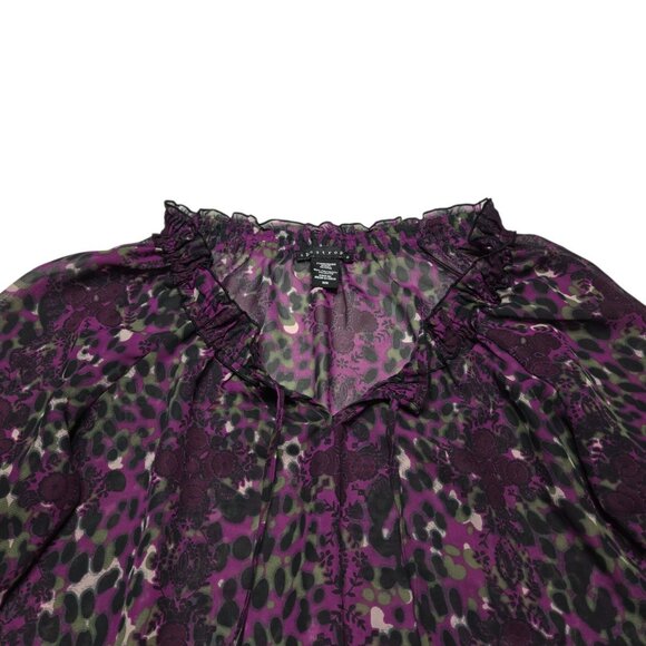 Apostrophe Top Women Medium Purple Leopard Floral Sheer Bell Sleeve Boho Peasant - Picture 7 of 12